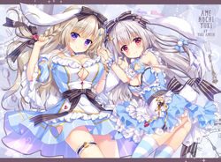  2girls alice_(alice_in_wonderland) alice_(alice_in_wonderland)_(cosplay) alice_in_wonderland ameto_yuki animal_ears artist_name bare_shoulders blanc_(ameto_yuki) blue_dress blue_sleeves blush bow braid breasts brown_bow cleavage cleavage_cutout closed_mouth clothing_cutout commentary_request cosplay detached_sleeves dress ecru_(ameto_yuki) fingernails hairbow heart heart_cutout large_breasts light_brown_hair long_hair medium_breasts multiple_girls original puffy_short_sleeves puffy_sleeves purple_eyes rabbit_ears rabbit_girl rabbit_tail red_eyes short_sleeves smile sparkle striped_bow striped_clothes striped_thighhighs tail thighhighs very_long_hair white_hair wrist_cuffs 