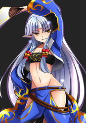  arm_up bell blue_hair collarbone commentary_request facial_mark female flat_chest folding_fan forehead_mark grin groin hair_bell hair_ornament hand_fan hand_on_own_hip highres hip_vent horns jingle_bell light_blue_hair long_hair long_sleeves looking_at_viewer navel pointy_ears single_horn smile solo strapless super_robot_wars super_robot_wars_og_saga_mugen_no_frontier suzuka_hime tsurime tube_top very_long_hair yellow_eyes zetsuei_(zetto) 