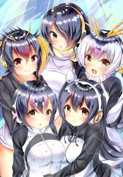  5girls :d :o black_hair blush emperor_penguin_(kemono_friends) frown gentoo_penguin_(kemono_friends) hair_over_one_eye headphones highres humboldt_penguin_(kemono_friends) inahori jacket kemono_friends long_hair looking_at_viewer multicolored_hair multiple_girls open_mouth orange_eyes orange_hair penguins_performance_project_(kemono_friends) pink_hair red_eyes red_hair rockhopper_penguin_(kemono_friends) royal_penguin_(kemono_friends) smile streaked_hair white_hair zipper 