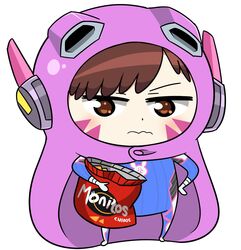  10s animal_costume artist_request chibi chips cloak d.va_(overwatch) doma_umaru female food himouto!_umaru-chan hood hooded_cloak inushige komaru long_hair looking_at_viewer parody potato_chips standing 