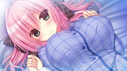  bed blush female game_cg green_eyes madosoft miyase_mihiro pink_hair short_hair solo tagme utsunomiya_tsumire wagamama_high_spec 