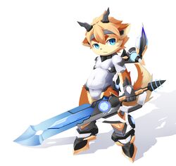  2016 anthro blue_eyes canid canine clothing hi_res looking_at_viewer male mammal melee_weapon navel rann simple_background solo sword tight_clothing weapon white_background young 