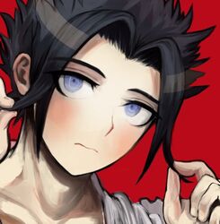  1boy bad_id bad_twitter_id black_hair blue_eyes close-up hair_intakes kengan_(series) kengan_ashura komatsuzaki_rui_(style) looking_at_viewer male_focus mikazuchi_rei poiaya portrait red_background simple_background solo 