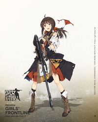  bird black_dress boots bra breasts brown_footwear brown_gloves buttons character_name dress falcon_(girls&#039;_frontline) female full_body girls&#039;_frontline gloves gun hair_between_eyes hair_ornament hao_(patinnko) headband highres holding holding_gun holding_weapon medium_hair official_art promotional_art red_headband ribbon rifle shirt small_breasts solo torn_clothes underwear weapon white_shirt 