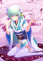  animal aqua_hair cherry_blossoms commentary_request fate/grand_order fate_(series) female fuu_(fuore) highres horns japanese_clothes kimono kiyohime_(fate) long_hair looking_at_viewer obi petals red_eyes reptile sash sitting snake thighhighs tongue tongue_out water white_legwear wide_sleeves yellow_eyes 