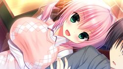  1boy blush female game_cg green_eyes madosoft miyase_mihiro pink_hair short_hair smile tagme utsunomiya_tsumire wagamama_high_spec 