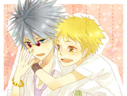  amano_ginji black_hair blonde_hair blue_eyes blush couple getbackers hug jewelry midou_ban oerba_yun_fang short_hair sunglasses sweatdrop yaoi yellow_eyes 