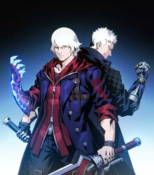  2boys back-to-back belt_buckle black_gloves black_shirt blue_coat blue_eyes bracelet buckle buttons clenched_hand closed_mouth coat commentary_request devil_breaker devil_bringer devil_may_cry_(series) devil_may_cry_4 devil_may_cry_5 dual_persona fingerless_gloves gloves glowing gradient_background highres holding holding_sword holding_weapon hood hoodie jewelry male_focus mechanical_arms multiple_boys muscular nero_(devil_may_cry) red_queen_(sword) shimetsukage shirt single_mechanical_arm sleeves_rolled_up smile standing sword thigh_strap weapon white_hair zipper zipper_pull_tab 