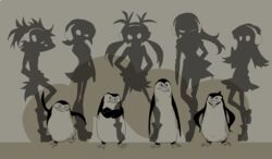  4boys 5girls bird commentary crossed_arms crossover emperor_penguin_(kemono_friends) gentoo_penguin_(kemono_friends) headphones highres humboldt_penguin_(kemono_friends) kemono_friends kowalski_(madagascar) madagascar_(series) multiple_boys multiple_girls oshaka_(haguki) penguin penguins_performance_project_(kemono_friends) private_(madagascar) rico_(madagascar) rockhopper_penguin_(kemono_friends) royal_penguin_(kemono_friends) silhouette skipper_(madagascar) skirt trait_connection twintails 