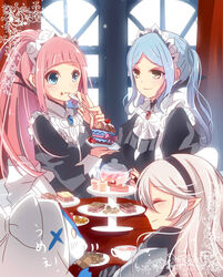  4girls apron armor blue_eyes blue_hair blunt_bangs blush cake closed_eyes commentary_request corrin_(female)_(fire_emblem) corrin_(fire_emblem) curtains eating felicia_(fire_emblem) fire_emblem fire_emblem_fates flora_(fire_emblem) food hair_between_eyes hairband indoors jewelry lilith_(fire_emblem) long_hair maid maid_apron maid_headdress multiple_girls pendant pink_hair pointy_ears ponytail rojiura-cat siblings sidelocks sisters smile twintails veil window 