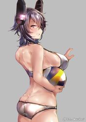  bad_id bad_twitter_id ball bikini blush breasts closed_mouth commentary_request eyepatch female grey_background headgear juurouta kantai_collection large_breasts looking_at_viewer one-hour_drawing_challenge purple_eyes purple_hair simple_background smile swimsuit tenryuu_(kancolle) twitter_username white_bikini 