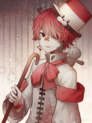  1boy angel31424 boots colored_sclera commentary fukase hat male_focus pale_skin point_(vocaloid) red_eyes red_hair red_sclera smile solo top_hat vocaloid 