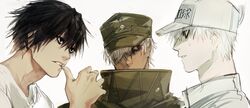  3boys absurdres bad_id bad_twitter_id baseball_cap biting black_hair captain_(hellsing) close-up crossover death_note finger_biting haban_(haban35) hair_over_one_eye hat hataraku_saibou hellsing highres l_(death_note) looking_at_another male_focus messy_hair multiple_boys multiple_crossover peaked_cap red_hair shirt simple_background trait_connection u-1146 white_background white_blood_cell_(hataraku_saibou) white_hair white_shirt 