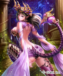  ass backless_outfit black_hair card column commentary_request earrings female grin hair_ornament high_heels horns indoors jewelry looking_at_viewer looking_back official_art photoshop_(medium) pillar pointy_ears purple_eyes scorpion scorpion_tail shingoku_no_valhalla_gate silk smile solo standing tail watermark xoxocia 