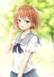  :d black_neckwear blue_skirt blurry blurry_background blush braid brown_eyes brown_hair chio-chan_no_tsuugakuro day depth_of_field female glasses grey_sailor_collar hand_up highres looking_at_viewer md5_mismatch miyamo_chio open_mouth outdoors photoshop_(medium) pleated_skirt sailor_collar school_uniform serafuku shirt short_sleeves skirt smile solo tomifumi white_shirt 