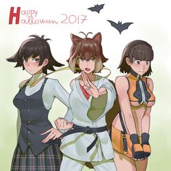  2017 3girls animal_ears antenna_hair black_hair blazblue blush bra braid breasts brown_eyes brown_hair choker clenched_hand cosplay costume_switch crossover dougi embarrassed fighting_stance fingerless_gloves french_braid gloves hand_on_hip highres long_skirt looking_at_viewer looking_down makoto_(street_fighter) makoto_(street_fighter)_(cosplay) makoto_nanaya makoto_nanaya_(cosplay) medium_breasts miniskirt multiple_crossover multiple_girls namesake niijima_makoto niijima_makoto_(cosplay) no_bra orange_skirt persona persona_5 plaid plaid_skirt red_bra red_eyes revision ribbon_choker school_uniform short_hair side_slit skirt skirt_tug sports_bra squirrel_ears squirrel_tail street_fighter street_fighter_iii_(series) suwaiya tail underboob underwear vest 