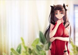  black_hair black_panties blue_eyes bow commentary fate/stay_night fate_(series) female hairbow long_hair panties smile tohsaka_rin underwear unworn_shirt yaoshi_jun 