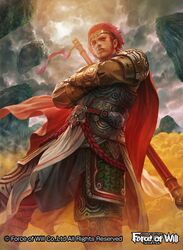  1boy armor bo_staff cape circlet cloud cloudy_sky commentary_request copyright_name crossed_arms facial_mark force_of_will kakotomirai looking_at_viewer male_focus mountain mountain_pattern_armor official_art red_eyes red_hair rock sky solo staff sun_wukong_(force_of_will) 