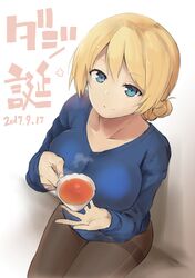  absurdres black_pantyhose blonde_hair blue_eyes blue_shirt blush braid casual closed_mouth collarbone commentary_request cup darjeeling_(girls_und_panzer) dated female from_above girls_und_panzer highres holding light_smile long_sleeves looking_at_viewer looking_up muteki_soda no_pants pantyhose shirt short_hair sitting smile solo steam tea teacup thighband_pantyhose tied_hair translated 