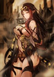  absurdres bare_shoulders blurry blurry_background breasts brown_hair cleavage closed_mouth commentary_request detached_sleeves earrings female goggles goggles_on_head highres jewelry large_breasts long_hair midriff multicolored_hair navel original pointy_ears red_eyes revealing_clothes ricci sideboob slit_pupils smile solo strap thighs underboob 