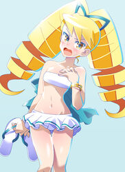  bangs blonde_hair blue_background blush bracelet breasts capcom cowboy_shot drill_hair embarrassed female female frilled_swimsuit frills hair_ornament hair_ribbon holding_footwear jewelry kuroi_ohagi long_hair navel open_mouth ribbon rockman ryuusei_no_rockman sandals sandals_removed shirogane_luna small_breasts solo swimsuit twintails white_swimsuit yellow_eyes 