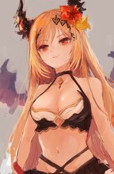  bikini blonde_hair breasts cleavage dark_angel_olivia female flower granblue_fantasy hair_flower hair_ornament horns long_hair olivia_(summer)_(granblue_fantasy) red_eyes swimsuit wataichi_meko 