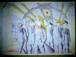  2girls 5boys black_eyes black_hair blonde_hair blue_eyes blue_hair brown_hair building castle cross curtain curtains dark_skin formal green_eyes hallway multiple_boys multiple_girls palace post president ribbon suit traditional traditional_art walking wall white_hair window 