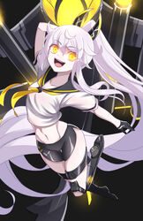  :d absurdly_long_hair arm_behind_head arm_up azur_lane black_background black_footwear black_gloves black_neckerchief black_sailor_collar black_shorts boots breasts cleavage collarbone commentary_request crop_top female floating full_body gloves glowing glowing_eyes groin hair_between_eyes hair_ornament hair_ribbon half_gloves high_ponytail highres legs_up light_purple_hair long_hair looking_at_viewer machinery midriff navel neckerchief open_mouth pale_skin ponytail purifier_(azur_lane) ribbon rigging sailor_collar sailor_shirt shirt short_shorts short_sleeves shorts sidelocks simple_background siren_(azur_lane) small_breasts smile solo stomach teeth thigh_gap thigh_strap thighs upper_teeth_only very_long_hair white_shirt yellow_eyes yellow_neckerchief zetsuei_(zetto) 