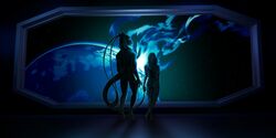  alien antennae_(anatomy) anthro clothed clothing detailed_background duo fauxlacine hair human mammal planet purple_eyes science_fiction space spacescape star unknown_species window 