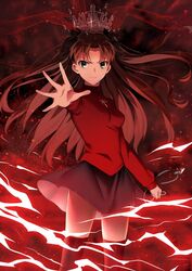  black_hair blue_eyes bow chinese_commentary commentary_request fate/stay_night fate_(series) female hairbow highres jewelry long_hair necklace skirt solo thighhighs tohsaka_rin unworn_jewelry unworn_necklace yaoshi_jun 