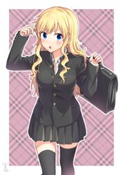  :o arm_up bekkourico black_jacket black_skirt black_thighhighs blonde_hair blue_eyes blush border breasts briefcase buttons checkered_background collared_shirt commentary_request female holding holding_briefcase idolmaster idolmaster_cinderella_girls jacket long_hair long_sleeves looking_at_viewer medium_breasts miniskirt ohtsuki_yui open_mouth outline pleated_skirt school_briefcase school_uniform shirt sidelocks skirt solo thighhighs v-shaped_eyebrows wavy_hair white_border white_outline white_shirt zettai_ryouiki 