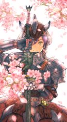  armor belt belt_buckle brown_belt buckle cherry_blossoms closed_mouth commentary_request female flower gauntlets green_eyes holding holding_sword holding_weapon katana kuroimori looking_at_viewer monster_hunter:_world monster_hunter_(character) monster_hunter_(series) pauldrons petals pink_flower pink_rathian_(armor) purple_hair short_hair shoulder_armor smile solo sword weapon white_background 