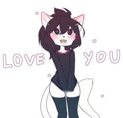  2017 anthro black_hair blush clothed clothing covering covering_self digital_media_(artwork) domestic_cat english_text felid feline felis female fur hair heart_symbol hi_res legwear looking_at_viewer male_(lore) mammal mercy_(suelix) open_mouth solo standing stockings suelix sweater text topwear white_body white_fur 