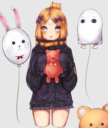  abigail_williams_(fate) abigail_williams_(traveling_outfit)_(fate) absurdres black_bow black_jacket blonde_hair blue_eyes blush bow commentary_request cropped_legs crossed_bandaids fate/grand_order fate_(series) female fou_(fate) grey_background hair_bun hairbow highres holding holding_stuffed_toy jacket kimchanil long_hair long_sleeves looking_at_viewer medjed_(fate) official_alternate_costume orange_bow parted_bangs parted_lips polka_dot polka_dot_bow round_teeth simple_background single_hair_bun sleeves_past_fingers sleeves_past_wrists solo standing stuffed_animal stuffed_toy teddy_bear teeth upper_teeth_only 