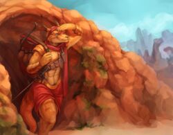  2018 5_fingers abs absurd_res anthro audrarius clothed clothing day detailed_background digital_media_(artwork) digital_painting_(artwork) dungeons_and_dragons fingers hasbro hi_res horn kobold lizard male outside reptile scalie sirocco sky solo wizards_of_the_coast 