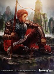  1boy armor armored_boots bo_staff boots cape circlet commentary_request copyright_name facial_mark force_of_will kakotomirai male_focus mountain official_art red_eyes red_hair rock sitting sky solo staff sun_wukong_(force_of_will) 