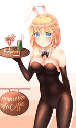  absurdres animal_ears bare_shoulders bauxite black_gloves black_pantyhose blonde_hair blue_eyes blush bow bowtie breasts character_name cleavage commentary detached_collar drinking_straw drum_(container) elbow_gloves english_commentary fake_animal_ears female food gloves highres ice_cream large_breasts leotard looking_at_viewer pantyhose playboy_bunny princeton_(warship_girls_r) rabbit_ears short_hair sign smile solo spoon tray warship_girls_r zhou_yu_(ppaaqz1995) 