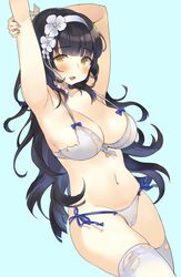  armpits arms_up bad_id bad_twitter_id bikini black_hair blue_background blue_bow blush bow breasts cleavage cowboy_shot female flower girls&#039;_frontline groin hair_flower hair_ornament hairband halterneck hand_on_own_arm highres large_breasts long_hair looking_at_viewer mirei navel official_alternate_costume open_mouth side-tie_bikini_bottom sidelocks simple_background solo swimsuit thighhighs torn_bikini torn_clothes torn_thighhighs type_95_(girls&#039;_frontline) type_95_(summer_cicada)_(girls&#039;_frontline) white_bikini white_thighhighs yellow_eyes 