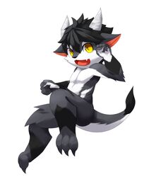  2016 black_hair black_nose claws cute_fangs fist hair horn looking_at_viewer male multicolored_body open_mouth rann simple_background solo white_background yellow_eyes young 