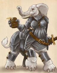  2018 4_fingers armor caribou_(artist) clothed clothing digital_media_(artwork) elephant elephant_taur elephantid female fingers holding_object mammal mammal_taur proboscidean proboscidean_taur solo standing taur trunk tusks 