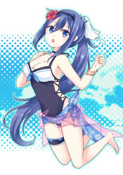  :o absurdres bangle bare_arms bare_shoulders barefoot black_hairband black_one-piece_swimsuit blue_eyes blue_hair blue_sky bracelet breasts casual_one-piece_swimsuit check_commentary cleavage cloud commentary_request day female fingernails floral_print flower green_outline gucchiann hair_between_eyes hair_flower hair_ornament hairband halftone halftone_background halterneck hands_up head_tilt highres jewelry long_hair looking_at_viewer medium_breasts mifuyu_(princess_connect!) mifuyu_(summer)_(princess_connect!) one-piece_swimsuit outline parted_lips photoshop_(medium) ponytail princess_connect! red_flower see-through sidelocks sky solo swimsuit thigh_strap very_long_hair 