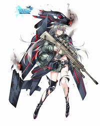  ace_virgin aircraft airplane ar-10 b-1_(ace_virgin) b-1_lancer battle_rifle belt bipod black_footwear blue_eyes boots broken burning camouflage camouflage_jacket camouflage_skirt clenched_teeth commentary_request copyright_name dirty female finger_on_trigger frills full_body grey_hair gun hair_between_eyes helmet high_heel_boots high_heels highres holding holding_gun holding_weapon jacket kangetsu_(fhalei) knee_boots logo long_hair long_sleeves looking_at_viewer machinery mecha_musume midriff muzzle_device navel pleated_skirt rifle scope skirt skull smoke solo standing teeth torn_clothes very_long_hair weapon white_background 