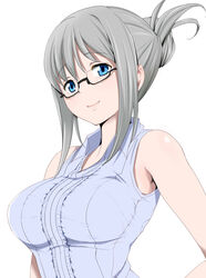  bad_id bad_pixiv_id bare_shoulders blue_eyes breasts endou_masatoshi female glasses grey_hair hair_bun highres large_breasts lips school_girl_strikers semi-rimless_eyewear sidelocks single_hair_bun sleeveless smile solo tierra-sensei under-rim_eyewear upper_body 