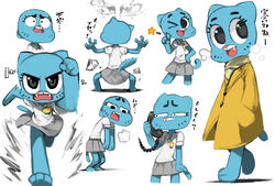  2015 alternate_costume angry anthro blue_body blue_fur bottomwear cartoon_network clothing cloud cute_fangs domestic_cat electronics fangs felid feline felis female fur happy japanese_text looking_at_viewer mammal mature_anthro mature_female multiple_images mushroom_cloud nicole_watterson one_eye_closed open_mouth phone running simple_background skirt solo star teeth text the_amazing_world_of_gumball tired topwear translation_request walking whiskers white_background wink ysk! 