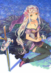  amulet breasts choker cleavage collarbone commentary dark-skinned_female dark_skin dress ears_down elf eyelashes fantasy female field flower flower_field frown green_eyes green_thighhighs hair_flower hair_ornament head_wreath high_heels highres holding holding_flower jewelry kuroyuki light_particles long_hair looking_at_viewer looking_up low-tied_long_hair medium_breasts original pendant petals pointy_ears sad shadow sitting solo sword thighhighs wariza weapon white_hair wreath zettai_ryouiki 