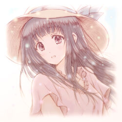  black_hair bluez chitanda_eru commentary_request female hat hyouka light_particles long_hair looking_at_viewer muted_color open_mouth portrait purple_eyes simple_background smile solo sun_hat tareme white_background 