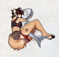  2019 4_toes anthro ash_(tlt_echelon) barefoot biped black_nose black_pawpads blahaj blush breasts brown_hair canid canine canis cheek_tuft claws closed_eyes clothed clothing digital_media_(artwork) domestic_dog f-r95 facial_tuft feet female fish fluffy fluffy_tail fur hair heart_(marking) heart_symbol ikea lying mammal marine markings pawpads plushie shark shiba_inu simple_background smile soles solo spitz tail toes tuft 