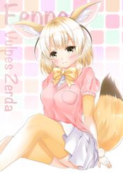  :3 animal_ears blonde_hair blush bow bowtie breast_pocket character_name commentary_request extra_ears female fennec_(kemono_friends) fox_ears fox_tail highres inahori kemono_friends long_hair looking_at_viewer miniskirt multicolored_clothes multicolored_legwear pink_sweater pleated_skirt pocket scientific_name short-sleeved_sweater short_sleeves sitting skirt solo sweater tail thighhighs two-tone_legwear white_skirt yellow_bow yellow_bowtie yellow_thighhighs 