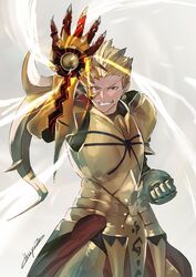  1boy armor blonde_hair claw_(weapon) commentary_request crossover earrings fate/zero fate_(series) gilgamesh_(fate) highres ikuyoan jewelry kazuma_(scryed) male_focus orange_armor pose power_fist red_eyes scryed shell_bullet short_hair solo weapon 