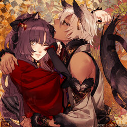  1boy animal_ears bare_shoulders black_nails blonde_hair blush brown_hair cat_ears closed_mouth dark_skin detached_sleeves fangs female from_side fur hair_ornament japanese_clothes jewelry kayo_(ken_ga_kimi) kei_(ken_ga_kimi) ken_ga_kimi kimono kiskil-llira long_hair looking_at_viewer nail_polish obi one_eye_closed open_mouth single_earring tail traditional_clothes upper_body yellow_eyes 